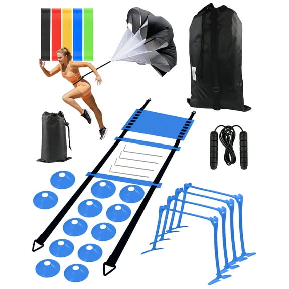 Speed and Agility Training Set, Agility Training Equipment For Kids with 20ft Sports Agility Ladders, Cones, Agility Hurdles, Resistance Parachute, Resistance Bands, Jump Rope for Basketball, Soccer（B