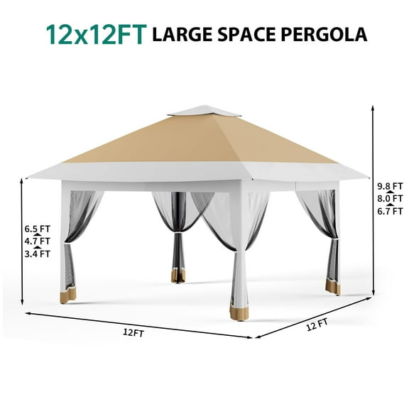 Yeshouse 12x12 Pergolas and Gazebos Clearance, Outdoor Gazebo for Patio Canopy Tent with Mosquito Netting & Height Adjustable, Heavy Duty Party Tent and Shelter for Backyard, Lawn