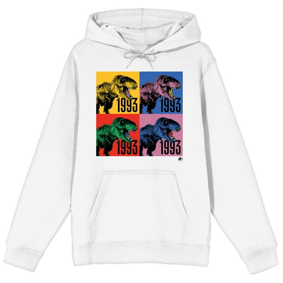 Jurassic Park T-Rex 1993 Multicolored Backgrounds Long Sleeve White Adult Hooded Sweatshirt-XL