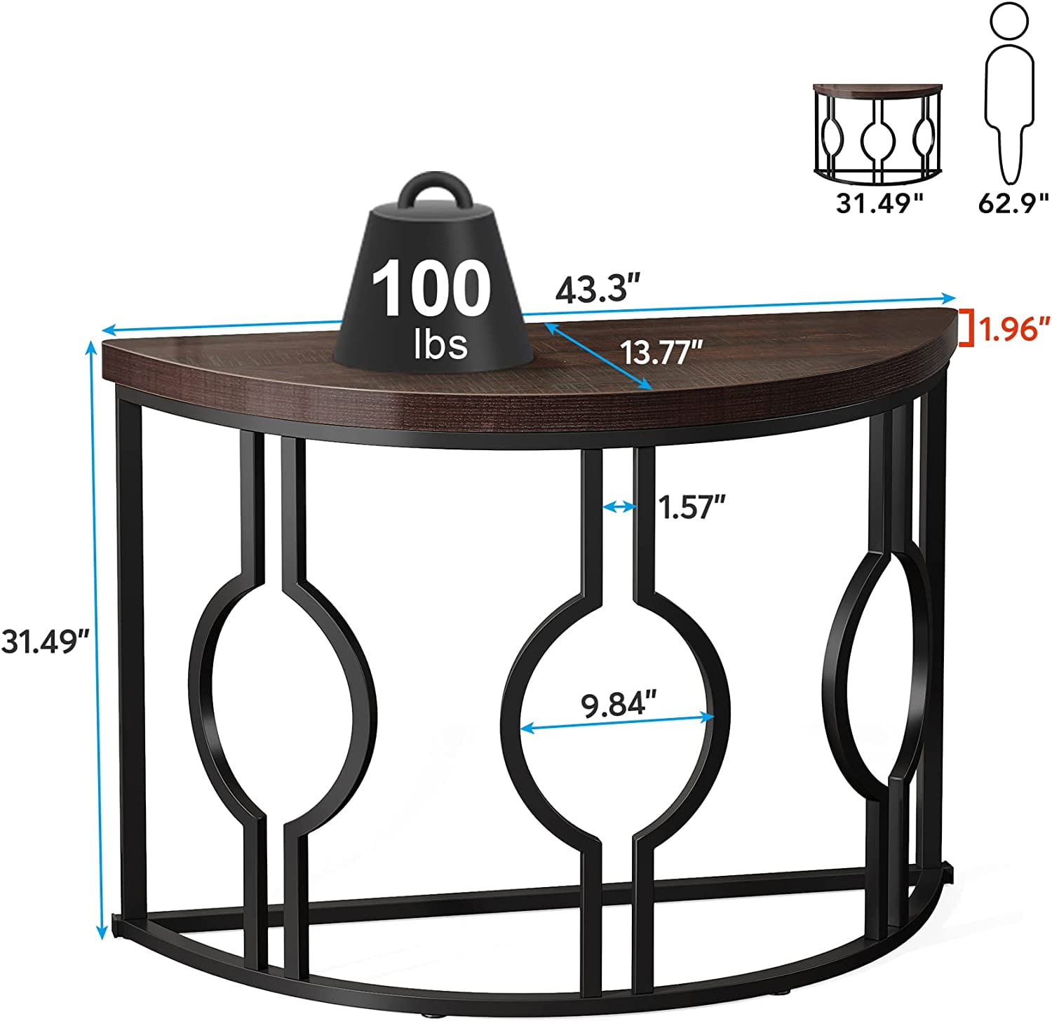 Tribesigns Half Moon Console Table for Entryway, 43 Inch Industrial Semi Circle Sofa Table with Geometric Base, French Country Wood Accent Table for Living Room, Hallway, Foyer, Entrance, Rustic Brown
