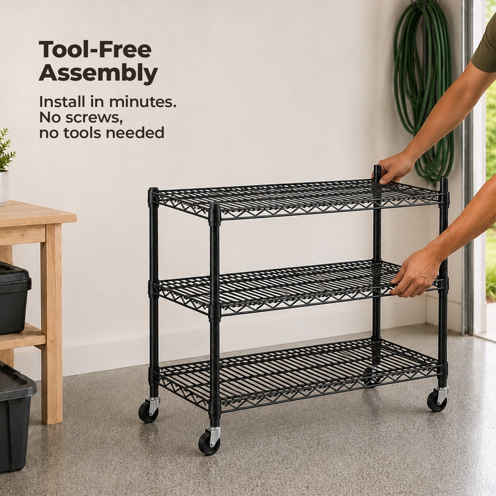 Alvantor 3/4/5 Tier Heavy Duty Adjustable Metal Shelf with Wheels, No-Tool Assembly, Suitable for Garages, Kitchens, Storage Rooms, Laundry Rooms and Offices