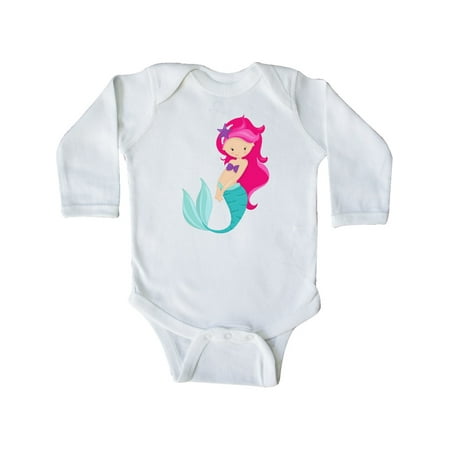 

Inktastic Cute Little Mermaid Pink Hair Purple Sea Star Gift Baby Girl Long Sleeve Bodysuit