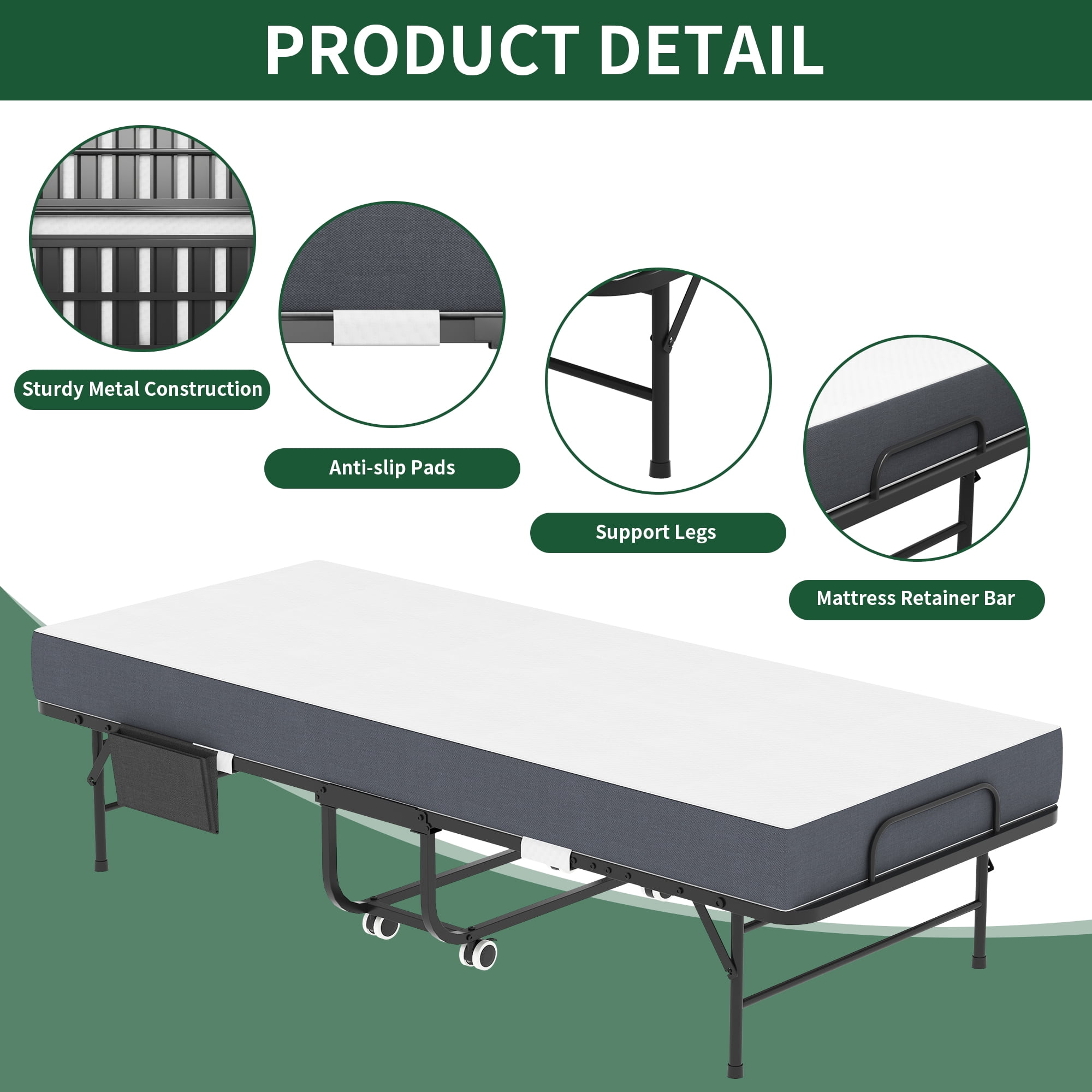 HOQBN 75"x31" Folding Bed with 5" Memory Foam Mattress,Space Saving Rollaway Guest Bed,Heavy-Duty Metal Frame on Wheels,Portable Twin Bed for Adults & Guests