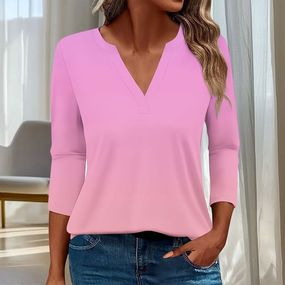 Aimik Women Casual Plus Size T-Shirt Summer Gradient Printed V Neck 3/4 Sleeve Office Blouse Loose Cozy Top