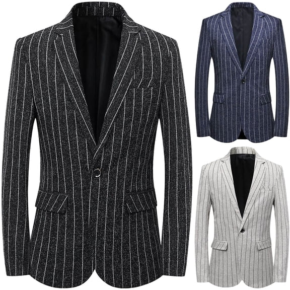 Men's Pinstripe One Button Casual Blazer Dress Sport Coat Suit Jacket Notch Lapel Wrinkle Free with Flap Pockets for Wedding Prom Party, Black, L