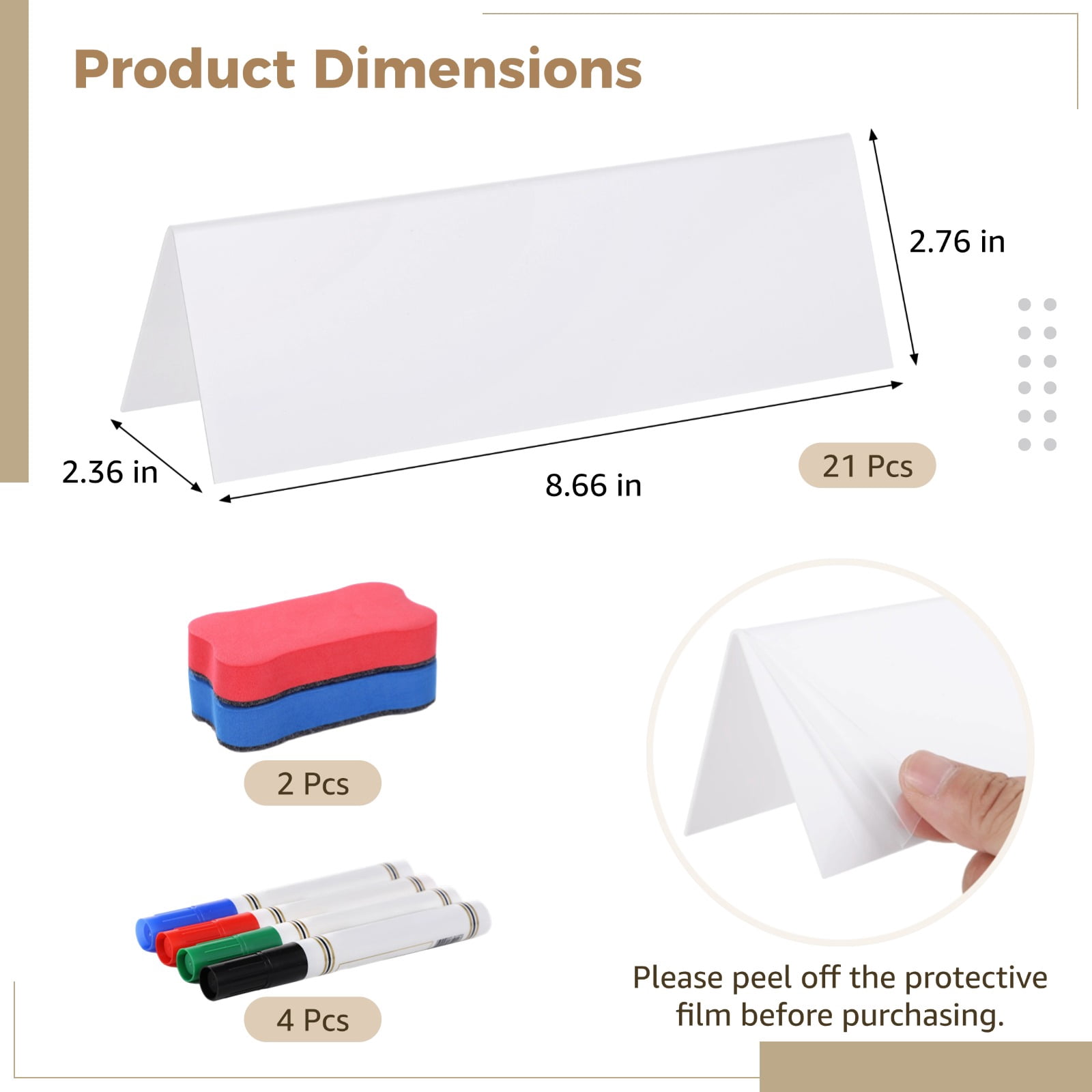 21 Pcs Reusable Name Tent Cards, Dry Erase Name Tags with 4 Markers and 2 Erasers, Easy-to-Use Name Plates, White Table Labels, Plastic Desk Tags for Classrooms, Offices, Meetings, Weddings