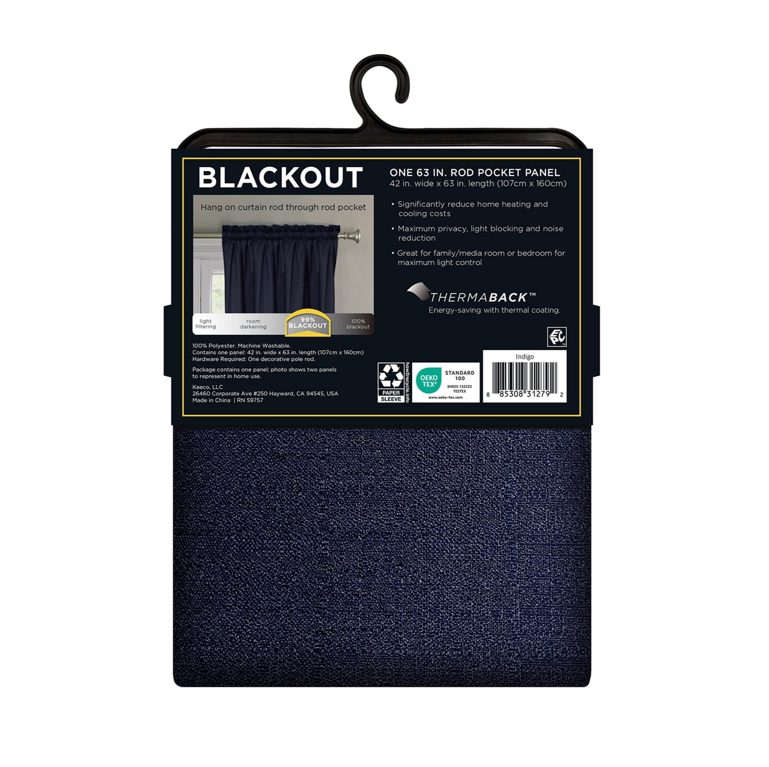 Eclipse Samara Solid Blackout Curtains, Single Curtain Panel, 63 Inch Long Blackout Curtains, 37" W x 63" L, Indigo