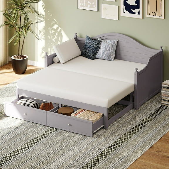 Twin Size Wooden Daybed with Pop-Up Trundle & Storage Drawers, Extendable Guest Bed Frame for Bedroom or Living Room, Gray