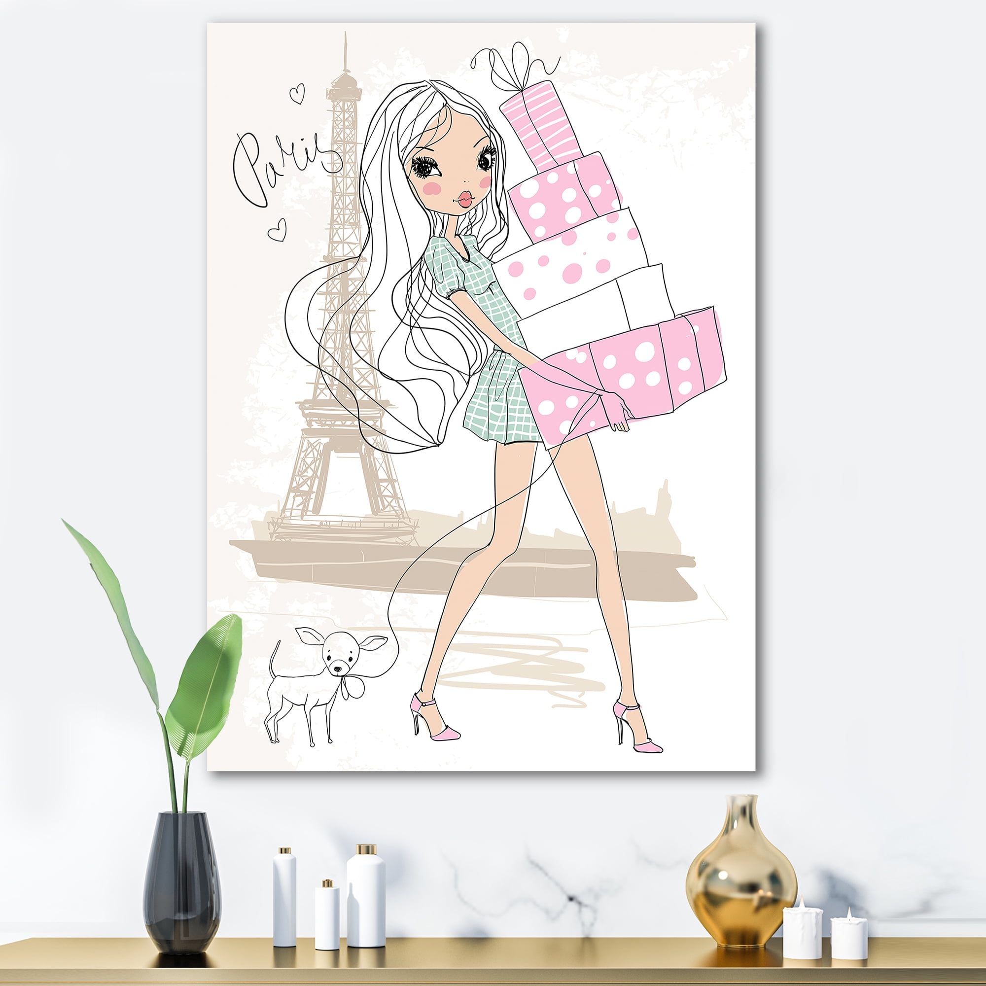Designart ' Young Woman With Shopping Boxes In Paris ' Shabby Chic Canvas Wall Art Print