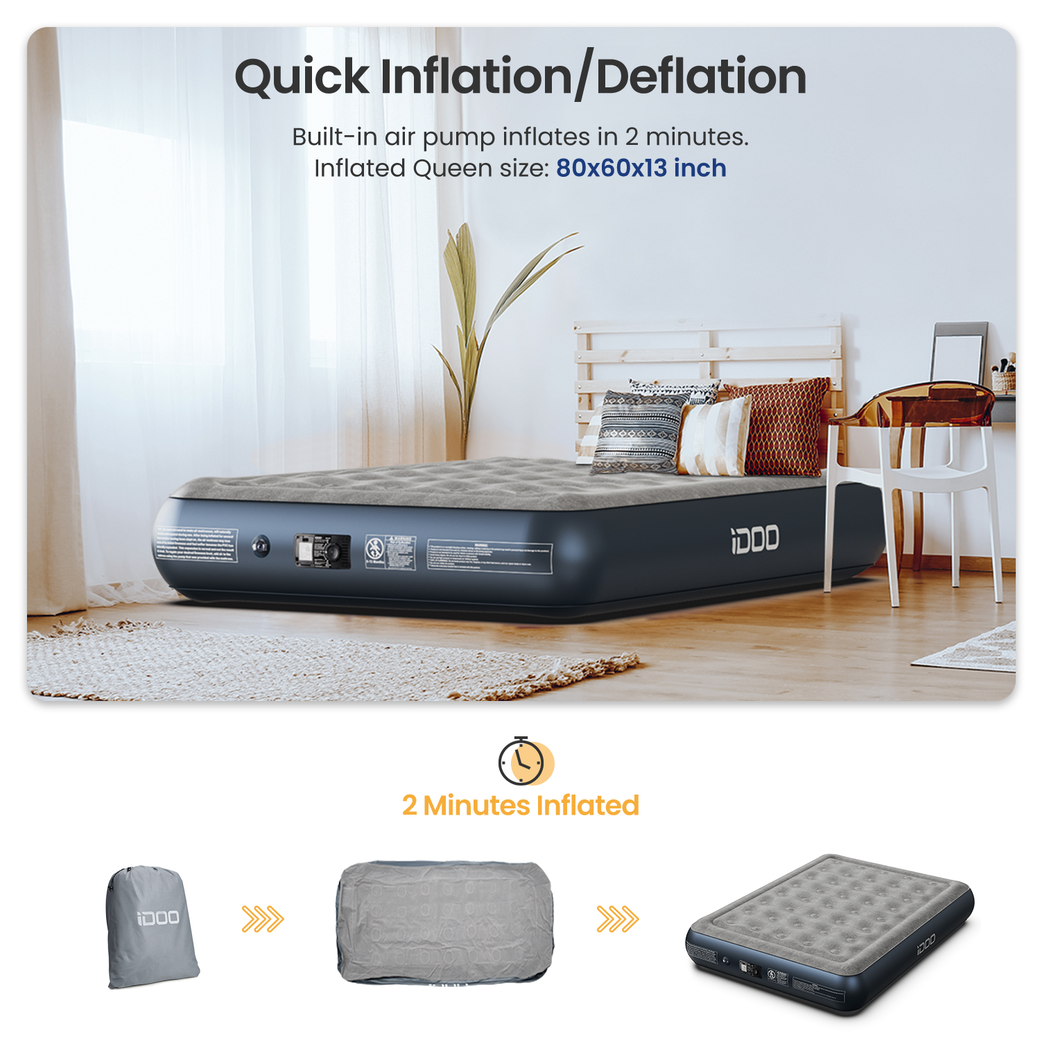 iDOO Queen Size Air Mattress, Inflatable Airbed with Built-in Pump, 650lb MAX - image 3 of 10