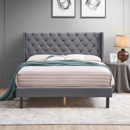 ARCTICSCORPION Queen Size Upholstered Bed with Button Tufted Headboard Velvet Platform Bed with Wood Slats Support Classic Platform Bed Frame with Underbed Space for Bedroom Easy Assembly Gray
