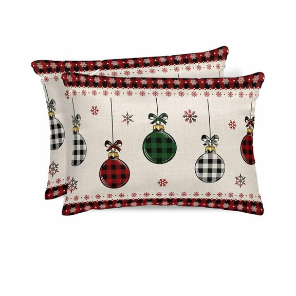 Hokiten Pillow Cases Standard Size Set of 2, Lumbar Pillow Covers, Christmas Balls, Satin Pillowcases with Zipper for Hair/Skin, Rustic Farmhouse Plaid Red Black Green 20x26 Inches