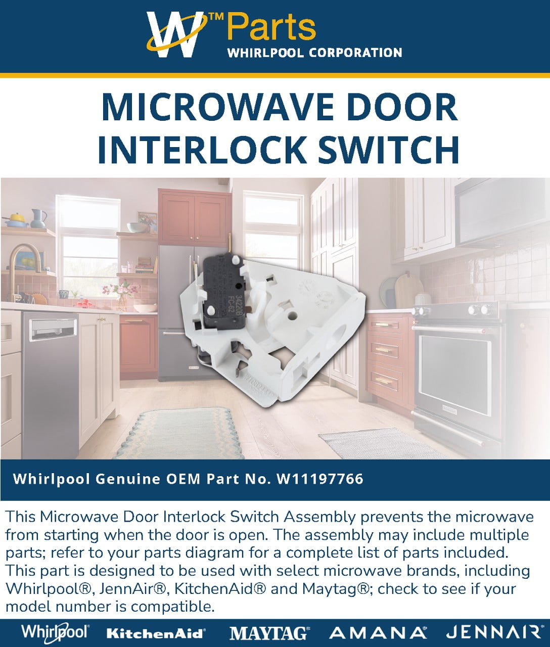 Whirlpool W11197766 Genuine OEM Microwave Door Interlock Switch Assembly Replacement Part - Replaces W11187757