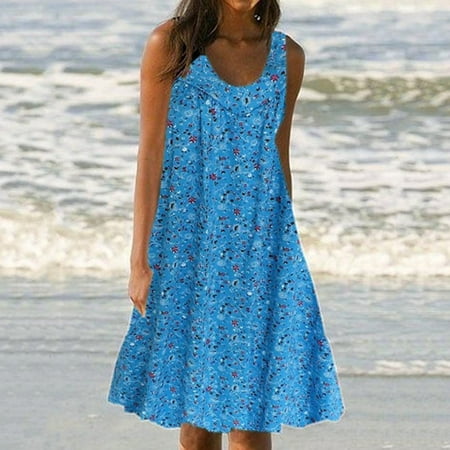 MRULIC dresses for women 2022 Women Casual Print Sleeveless Loose Plus Size Beach Summer Dress Ladies Women's Casual Dress Blue + XXL
