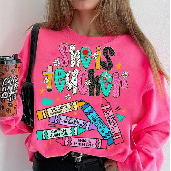 Preppy She Is Teacher Sweatshirt, Christian Bible Verses Teacher Pullover, Teach Love Inspire Checkered Leopard Sweater