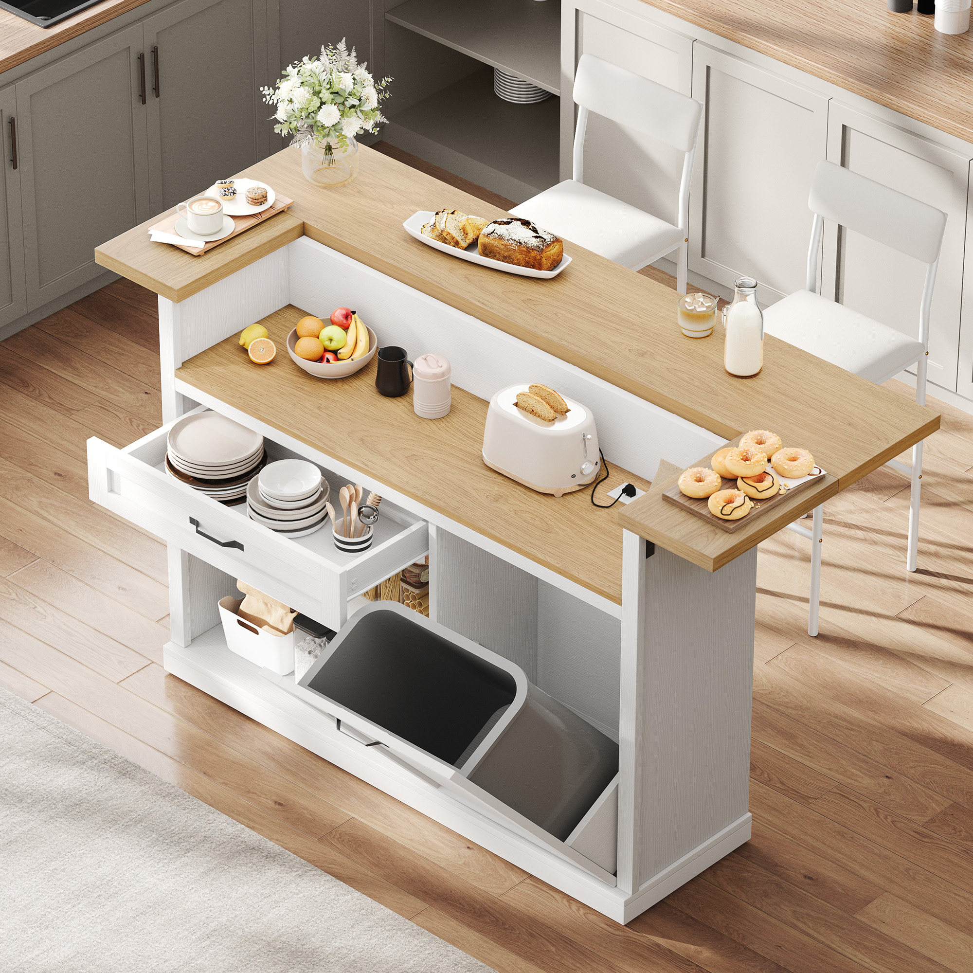 Homiflex 55" Kitchen Island with Storage, Lrage Island cart with wheels, White