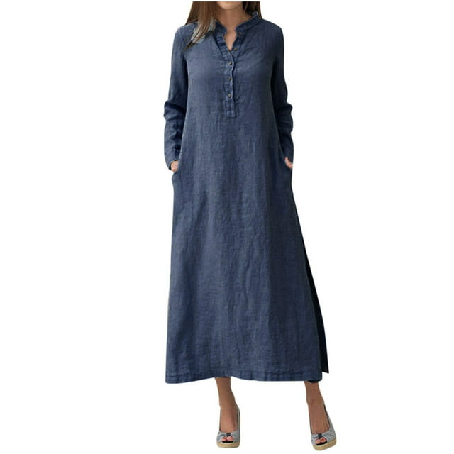Birdeem Robe Décontractée Mode Col en V Boutons Manches Longues Coton Lin Poche Robes Longues Unies