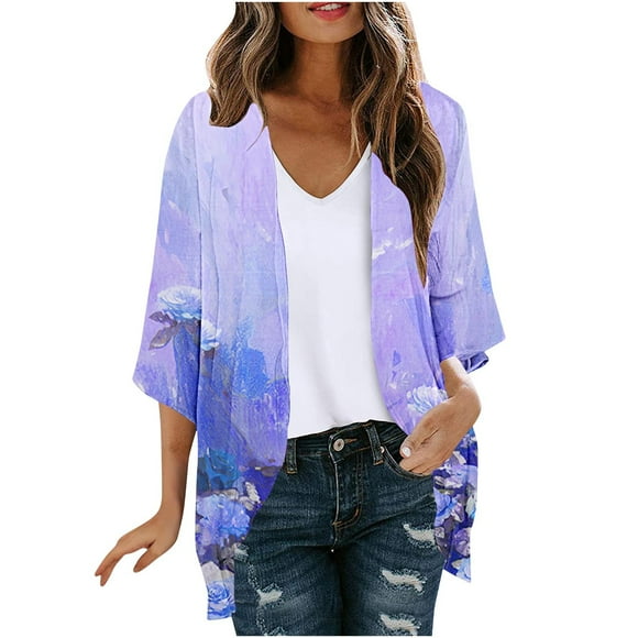 breaise Plus Size Cardigan for Women Dressy 3/4 Sleeve Summer Kimono Cute Floral Print Cover up Tops Purple XL