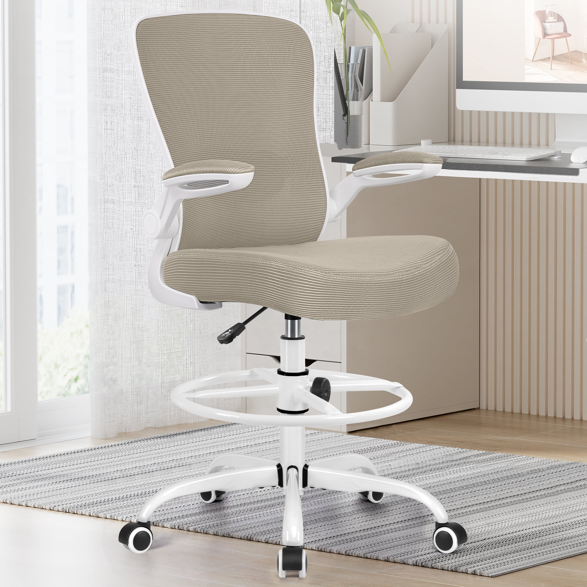 COOLHUT Home Office Chair with Flip-up Armrests for Standing Desk, Ergonomic Computer Office Desk Chair with Adjustable Foot Ring, Office Desk Chairs with Adjustab Lumbar Support, Khaki