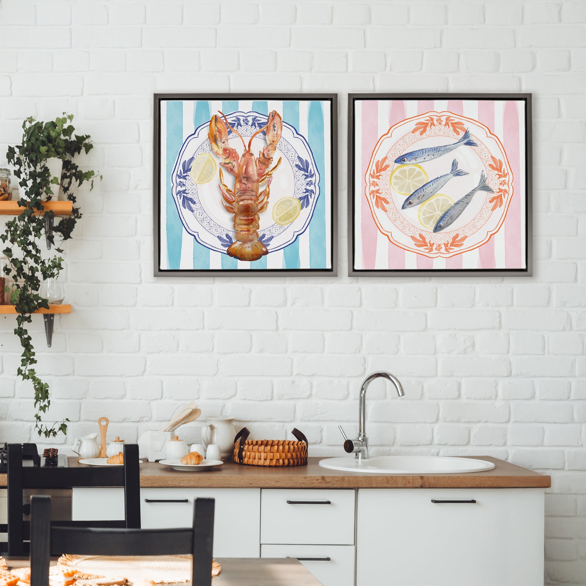 Stupell Industries Lobster & Sardines Plates 2 Piece Gray Framed Floater Canvas Set, design by Christie Adams