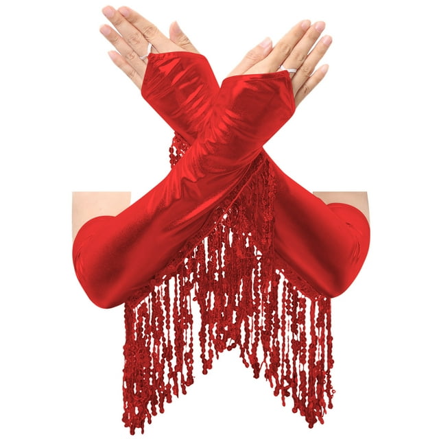 Haitryli Gants Sans Doigts Brillants à Paillettes à Franges pour Femmes Adultes, Métalliques, Longueur Coude, Gants d'Opéra Rouges, Taille Unique