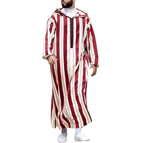 Fimkaule Muslim Dresses for Men Long Sleeve Casual Hooded Long Striped Print Half Sleeve Jubba Zipper Blouse Thobe Robe for Men