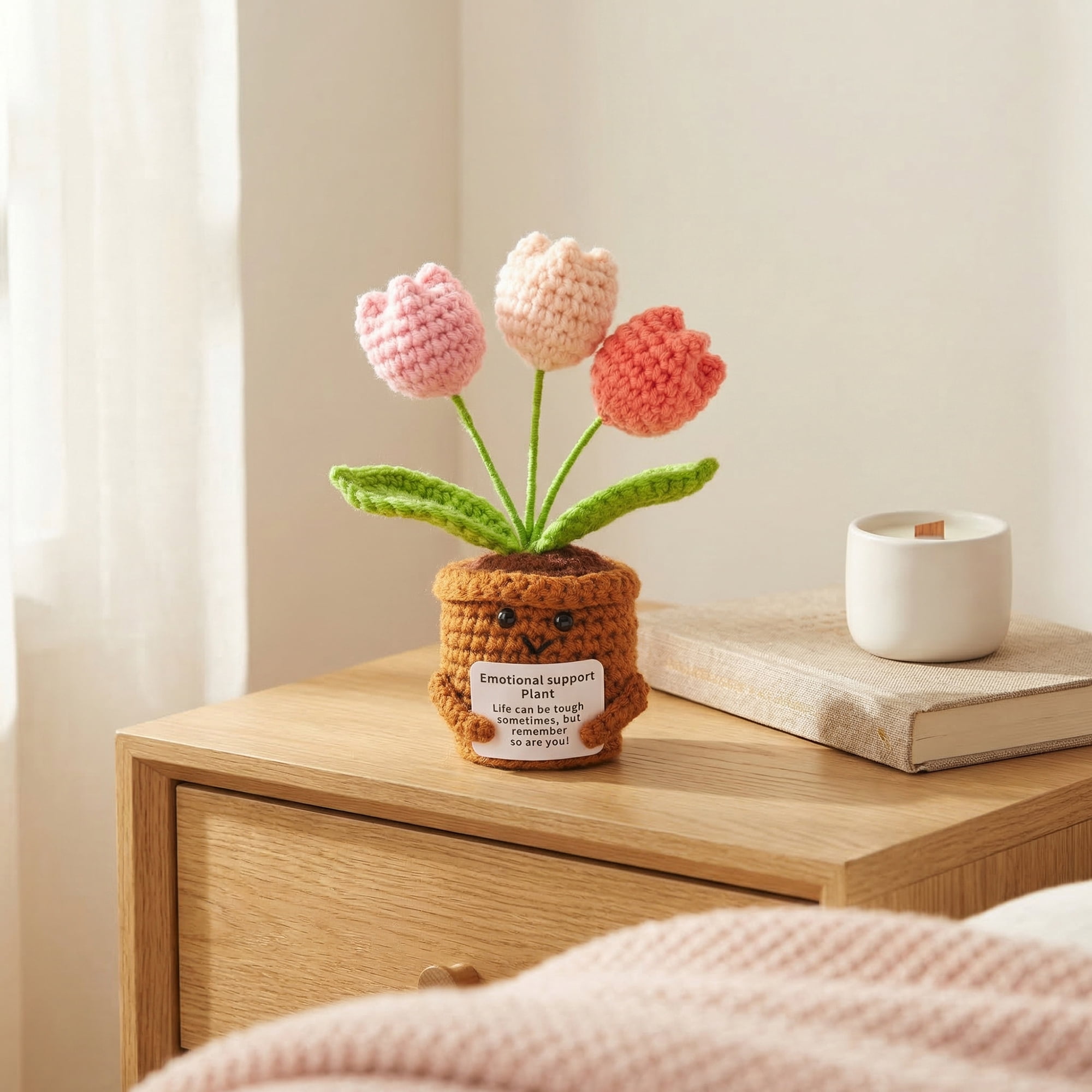 Unique Bargains Handmade Crochet Puffy Tulip Knitted Potted Plant Pink 4.3inch