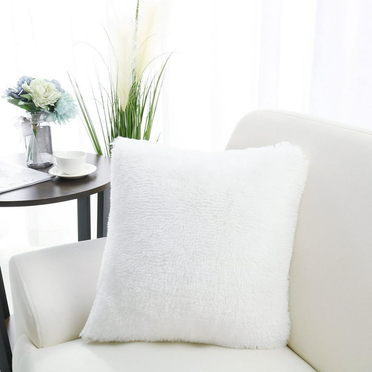 White 24 in. W x 24 in. L Faux Fur Square Shag Throw Pillow