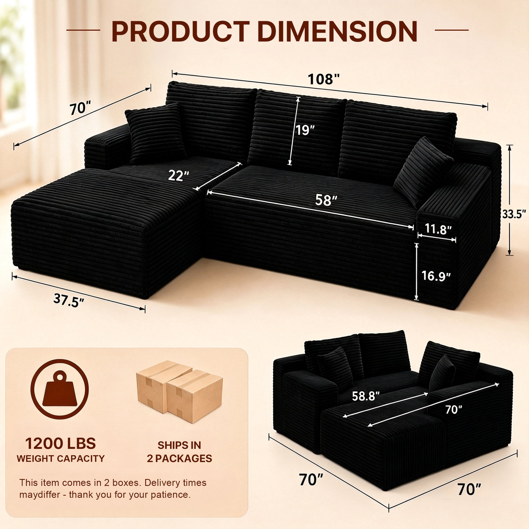 Aukfa 108" Cloud Sectional Sofa Deep Seat Boneless Couch Modular L-Shaped Couch, Left Chaise Corduroy Sofa for Living Room, Black