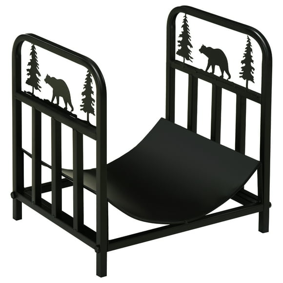 Outsunny Support à Bois de Chauffage avec Motif Ours et Pin, Porte-Bûches, Noir