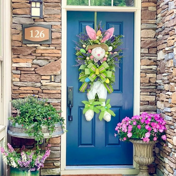 24"Easter Rabbit Wreath Decor for Front Door, Easter Bunny Doll Front Door Wreath, Rabbit Shape Garland Wall Decor Easter Decorations Craft Supplies for Door Porch Wall Farmhouse Decor