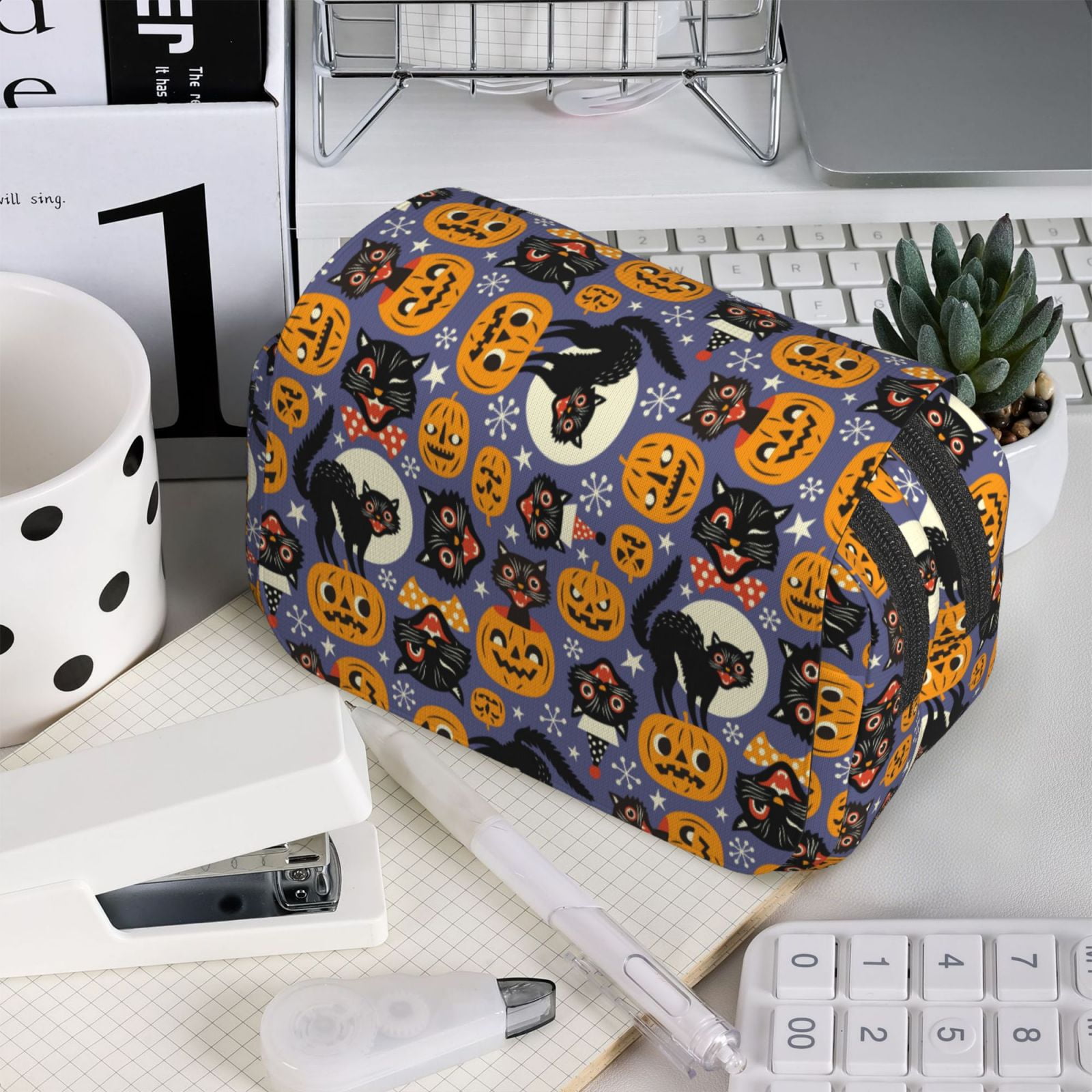 Rateoe Spooky Cats And Halloween Pumpkins Pattern Double Clamshell Pen Case, Storage Organizer with Two Zipper Compartments– Holds Up to 50 Pencils & Pens