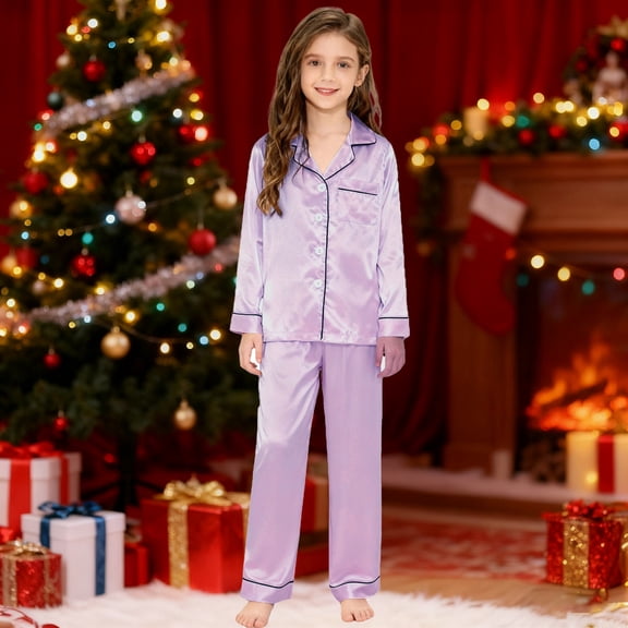 Kids Valentines Pajamas Girls Boys Silk Satin Pajamas Set Button Down Long Sleeve Loungewear Sleepwear Pjs Summer Fall Baby Clothes New Year Birthday Carnival Gifts 3-14Y Light Purple,110=3-4Y
