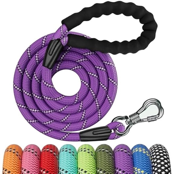 Eryueer 6FT Heavy Duty Dog Leash Purple Rope Dog Leash Swivel Lockable Hook and Comfortable Padded Handle Cat Puppy Leash Lead Small Medium Large Dogs Training Playing Camping,or Backyard 6ft*1/2Inch
