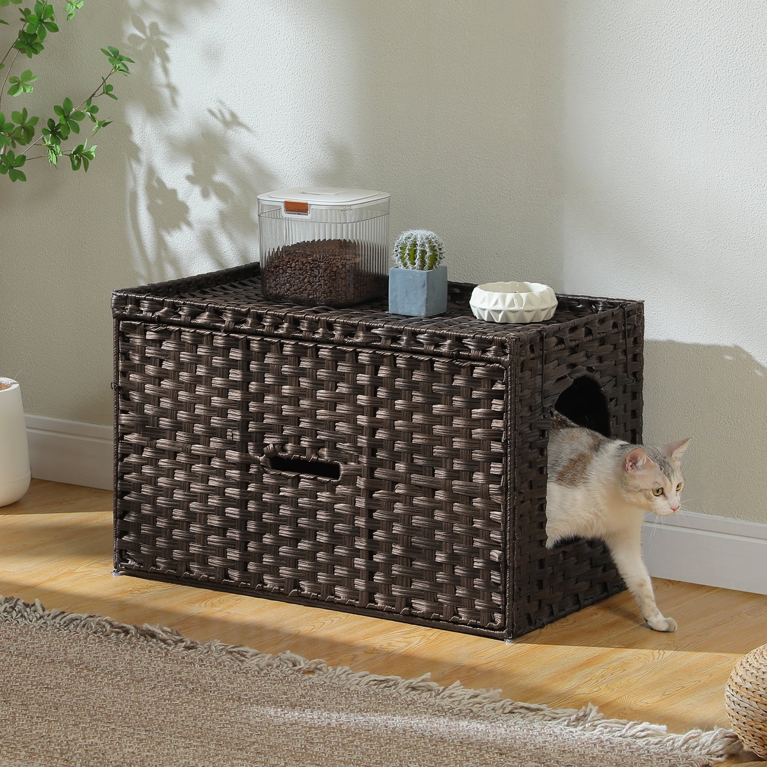 PEQULTI Rattan Cat Litter Box Enclosure Pet House with Taller Doorway for Large Cats Indoor Brown