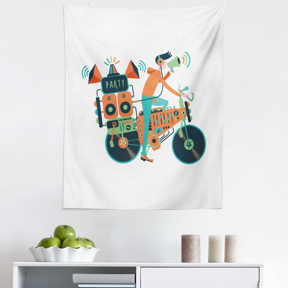 Bike Party Tapestry, Cartoon Drawn Funky DJ Boy Silhouette Riding Party Disco Music Bicycle, Fabric Wall Hanging Decor for Bedroom Living Room Dorm, 5 Sizes, White and Multicolor, by Ambesonne