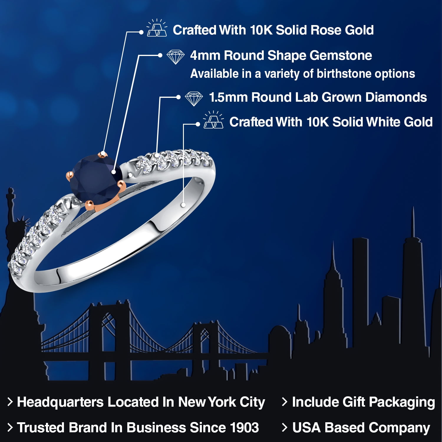 Gem Stone King 10K Two Tone Gold Blue Sapphire and Lab Grown Diamond Engagement Ring for Women | 0.53 Cttw | Round 4MM | Gemstone September Birthstone | Size 5