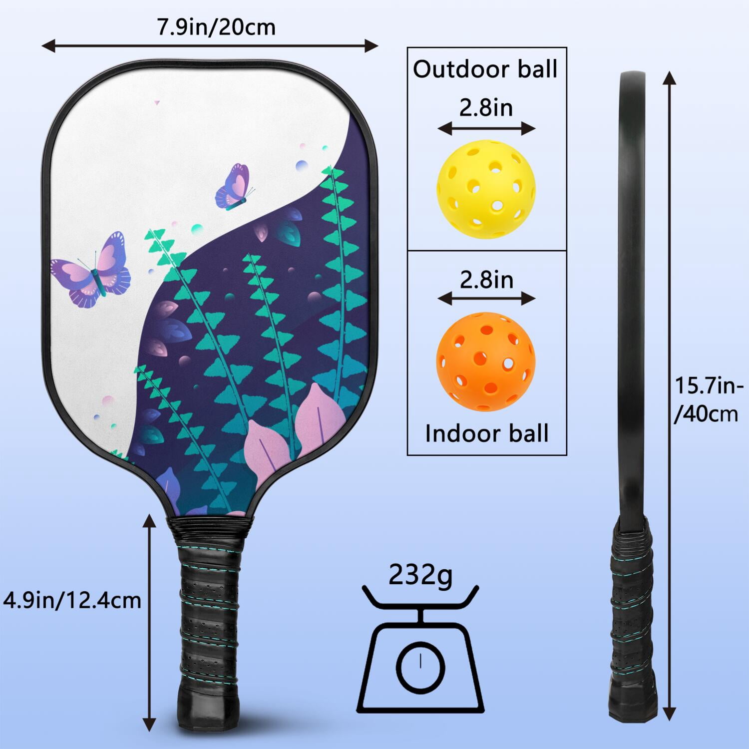 Pickleball Paddles Set Of 2, Fiberglass Surface, Vintage Floral & Butterfly, 4 Balls & Bag