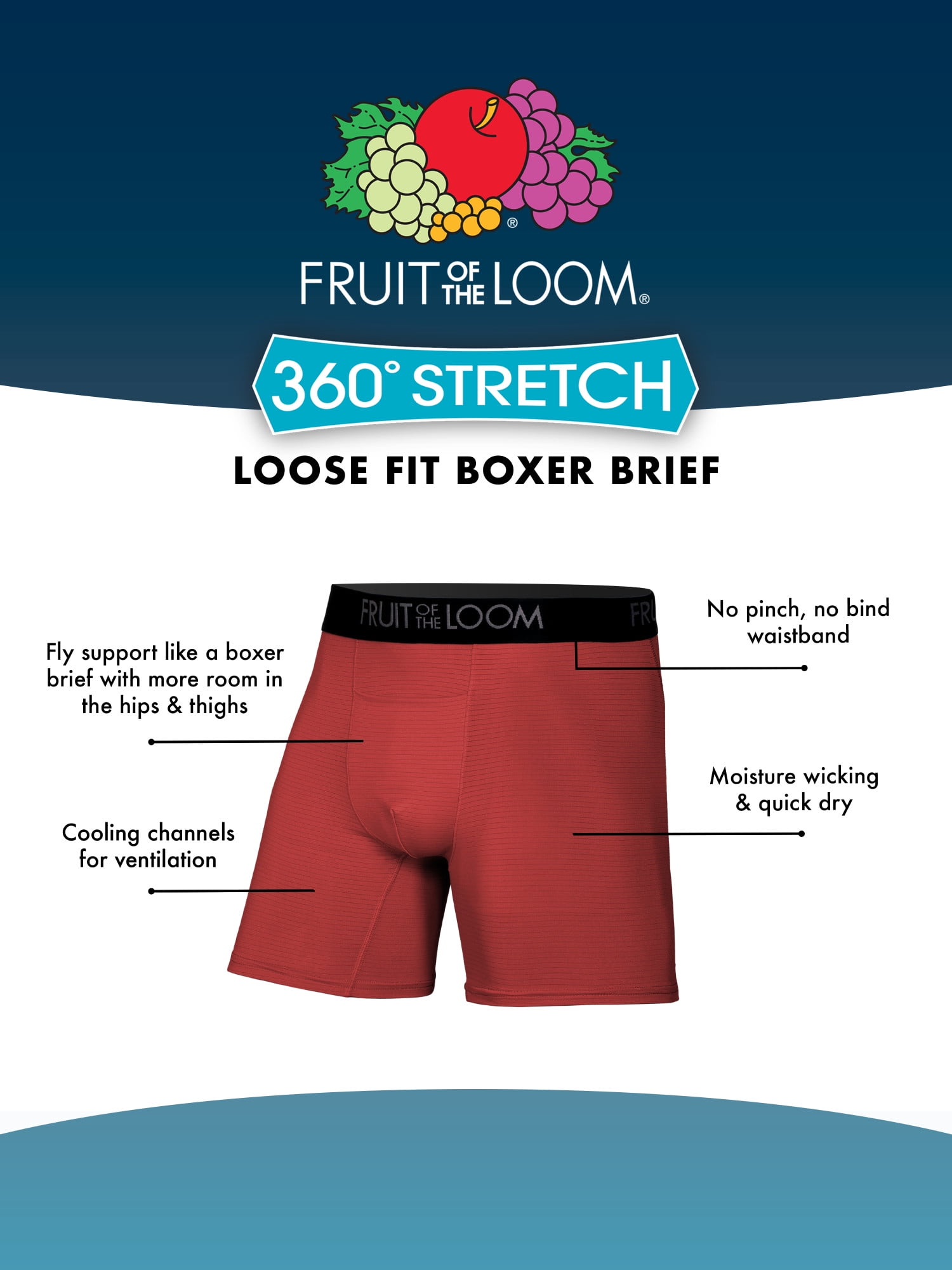 Fruit of the Loom Men's 360 Stretch, Cooling Boxer Briefs, 6-Pack