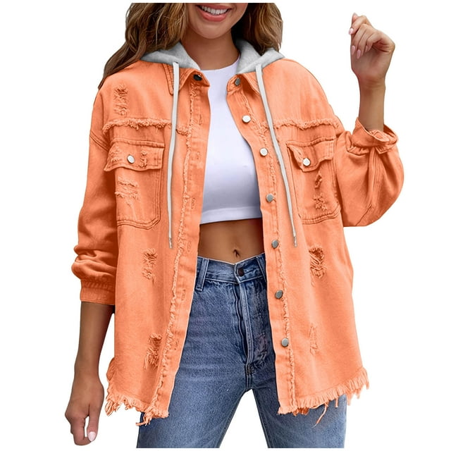 RXMEKW Womens Shirts Casual, Solid Color Denim Jacket with Detachable Hood
