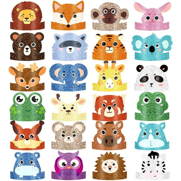 24 Pcs Animal Birthday Party Hats Animal Headbands Jungle Safari Animal Paper Party Crown for Girls Kids (Assorted Animals)