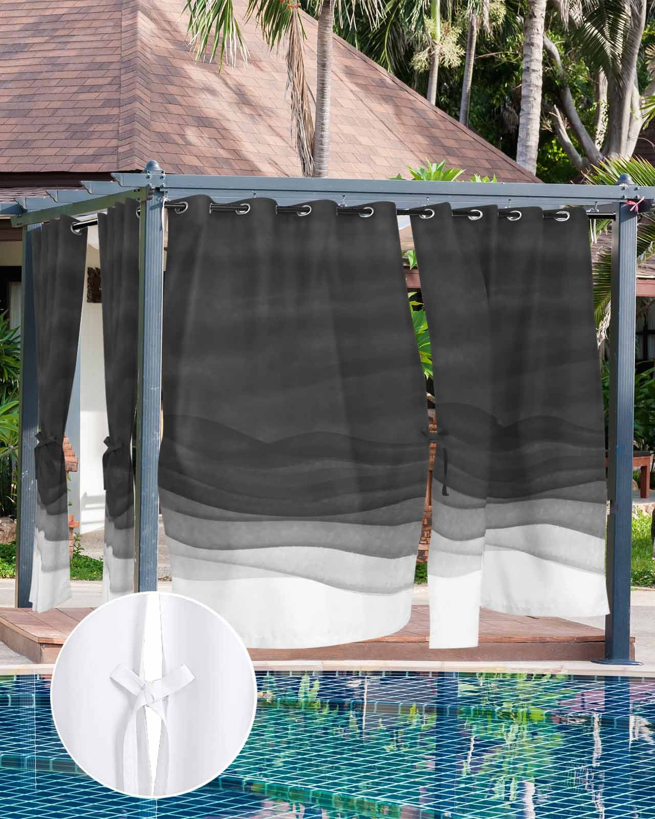 Ombre Waves Outdoor Curtains for Patio, Abstract Art Gradient Black Modern Privacy Drapes Grommet Waterproof Outside Curtains for Porch/Cabana/Balcony 54"x 108", 1 Panel