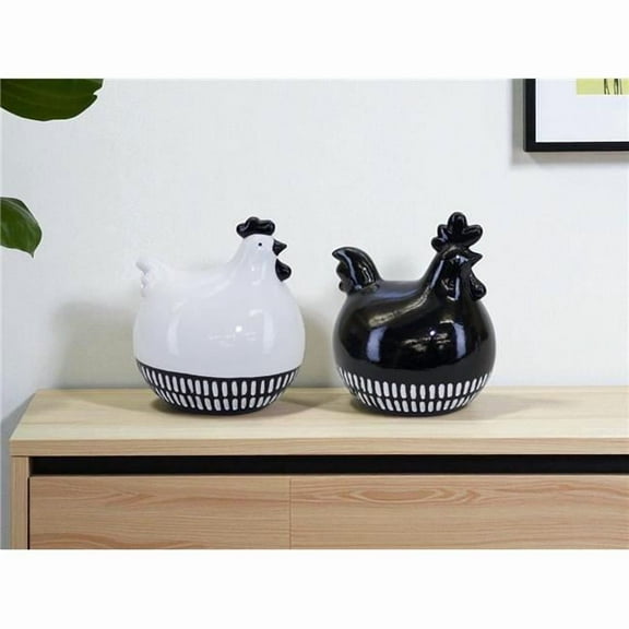 HomeRoots 518065 Black & White Terracotta Chicken Figurines - Set of 2