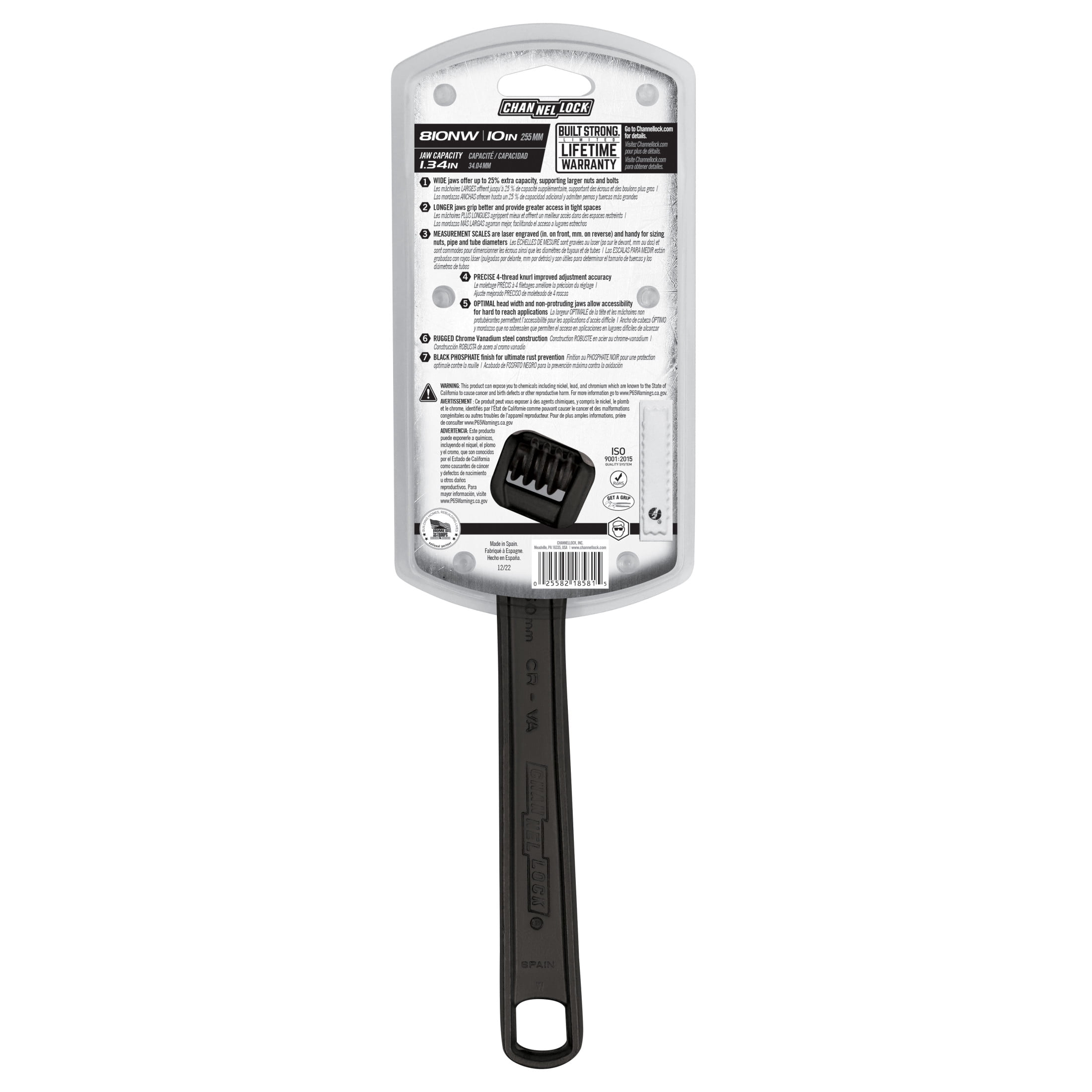 CHANNELLOCK 10-inch Adjustable Wrench, Black Phosphate/ Oxide Finish, Precise 1.38-inch Wide Mouth Jaw Capacity (810NW)