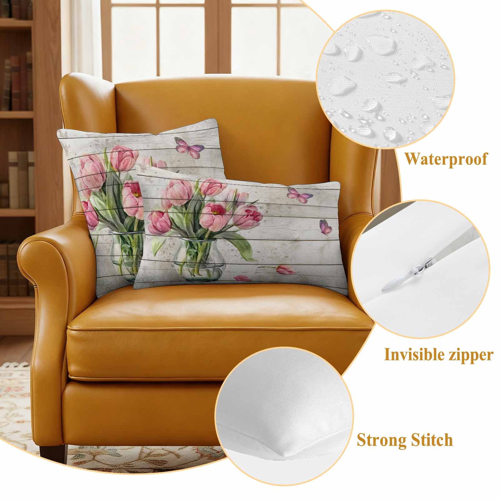 Pink Tulip Outdoor Waterproof Pillow Covers, Vintage Spring Floral Retro Art Butterfly Wooden Decorative Square Throw Pillowcase Sofa Cushion Sham for Patio/Couch/Chair, 24"x24" 2 Pack