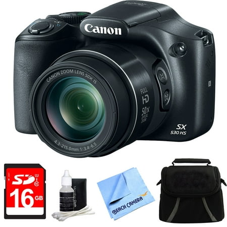 Canon PowerShot SX530 HS 16MP 50x Opt Zoom Full HD Digital Camera Black Deluxe Bundle. Includes 8GB Secure Digital SD Memory Card, Compact Deluxe Gadget Bag, 3pc. Lens Cleaning Kit, and 1 Piece