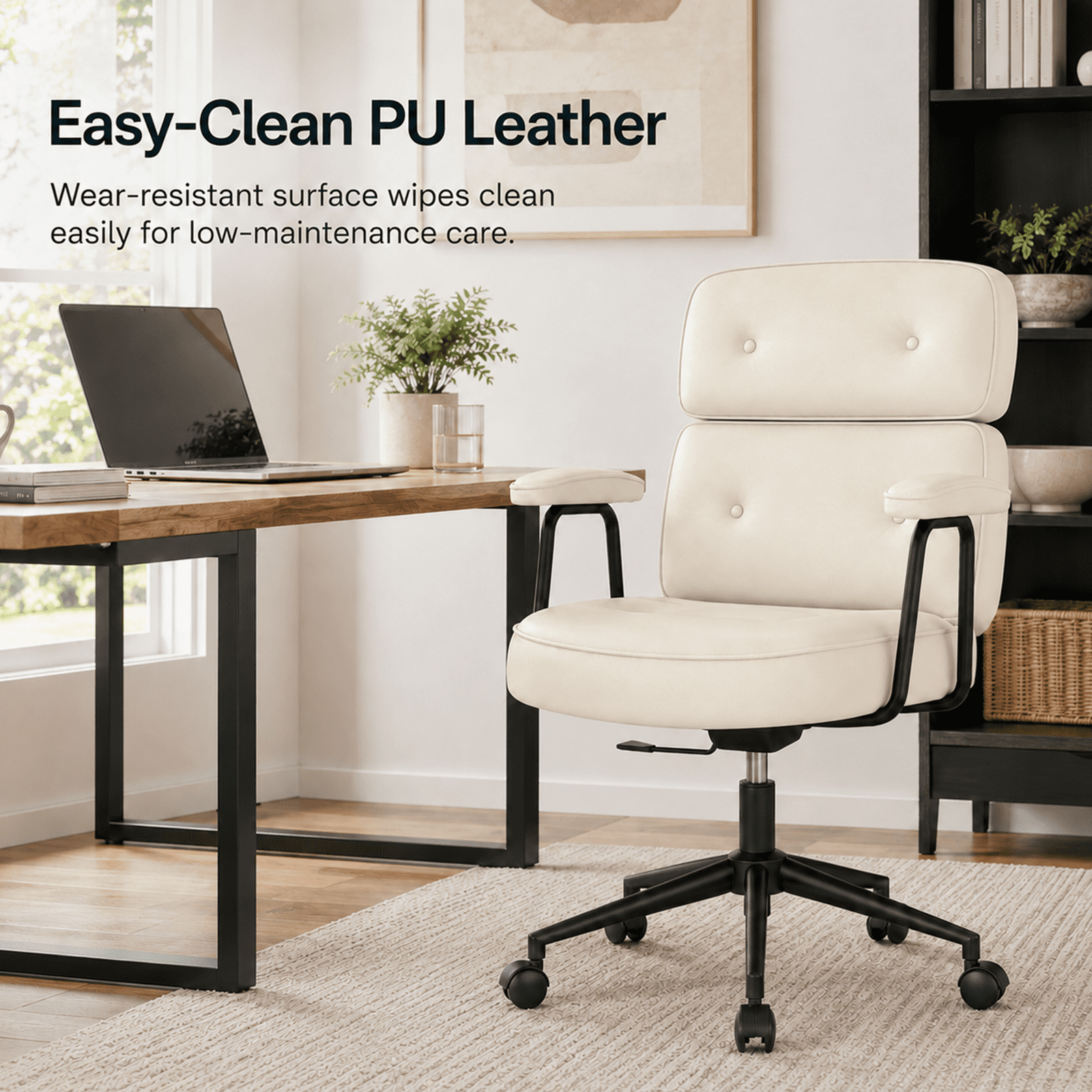 Alvantor Ergonomic Office Chair, PU Leather Computer Chair Lumbar Support, Adjustable Height, Rolling Swivel, Executive Task, Padded Armrests for Vanity, Study