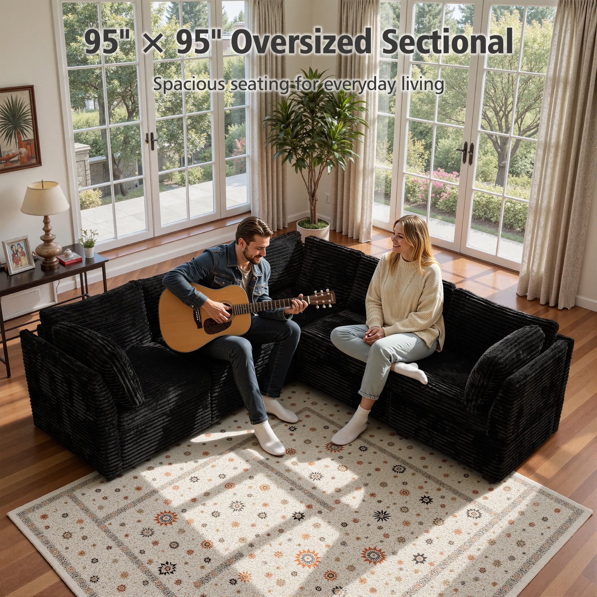 Ovios 95" Modular Sectional Sofa Deep Seat Cloud Couch with Chaise L-Shaped Corduroy Couch for Living Room, 5 Seat, Black