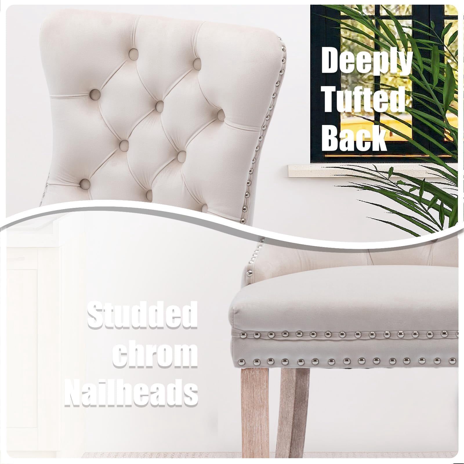 JESTOP Velvet Dining Chairs Set of 4, Tall Back Side Chair, Modern Upholstered High-end Tufted Side Chair with Button Back Ring, Solid Wood Legs (Beige)