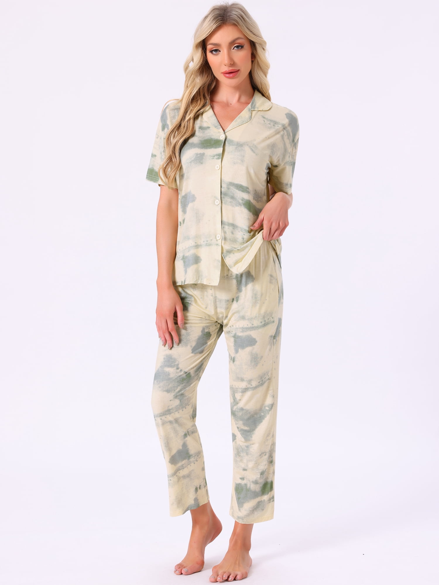 DARING DIVA Tencel Floral Short Sleeve Notched Collar Pants Set S Green